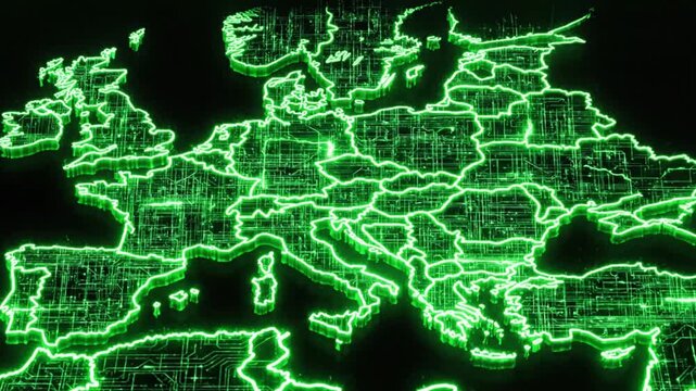 A glowing green outline of a European map with connected circuit lines set against a black backdrop