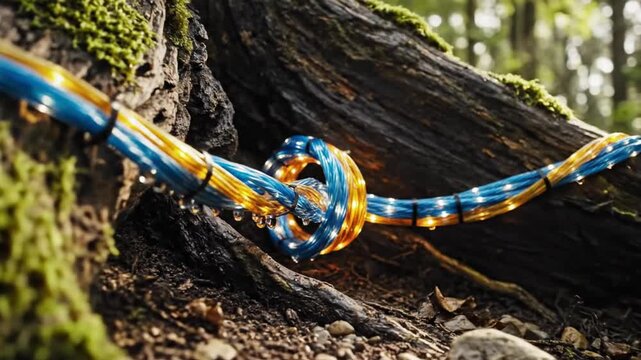 A close-up of a blue and yellow rope tied in a knot around a moss-covered tree root in a forest