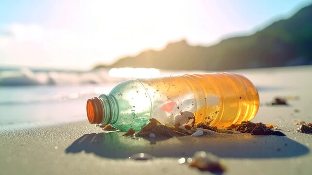 Ocean's Lament: A solitary plastic bottle, a stark symbol of pollution, lies abandoned on the pristine sandy beach, as waves gently lap at the shore, under the bright sun.