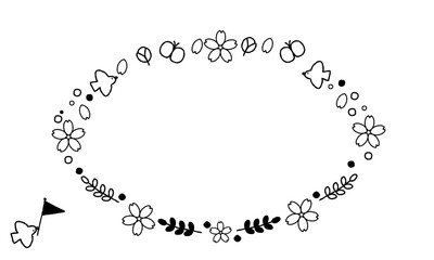 手描きの桜と小鳥のシンプルな楕円のフレーム