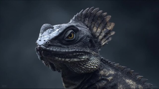 A side view of a reptile's head. Its eye is bright yellow, with a textured and scaly appearance