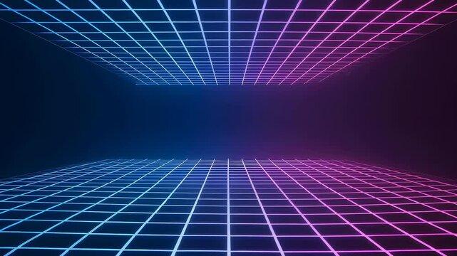 Blue and pink neon grid pattern movement. Abstract background with futuristic wireframe moving through dark space for digital concept.
