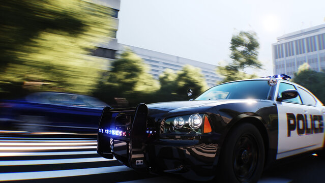 An police driving fast on a city street. 3d rendering.