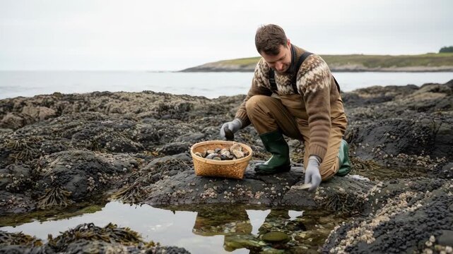 Medium shot of an ecoconscious harvester gently collecting shellfish by hand from a rocky shoreline emphasizing lowimpact sustainable methods.