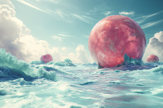 A giant grapefruit planet in a sea of turquoise waves, floating islands, whimsical surreal landscape