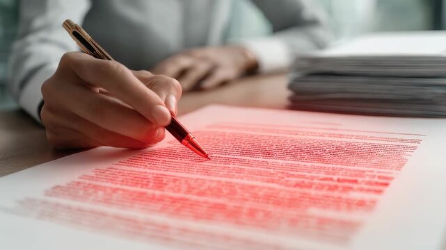 Business professional carefully marks corrections on printed contract, emphasizing critical sections in red ink. Represents legal review, contract editing, meticulous paperwork handling