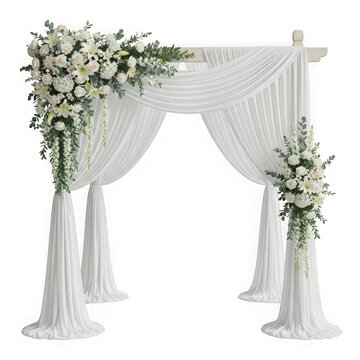 Elegant white floral archway for a sophisticated wedding venue decoration isolated on transparent background