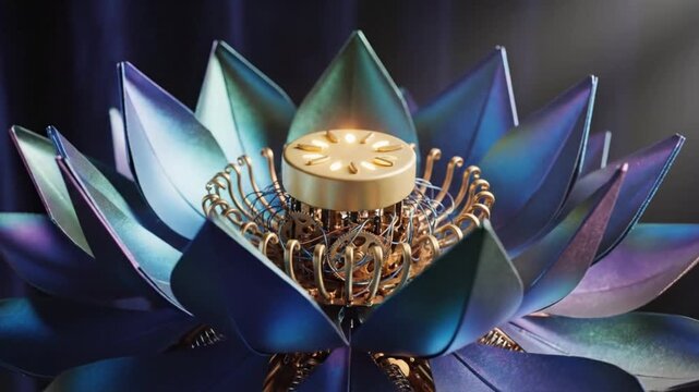 Detailed view of a futuristic microchip emerging from a blue lotus flower with iridescent petals and metallic structure
