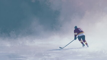 Hockey player is skating on a frozen lake