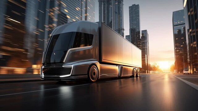 Futuristic electric cargo truck driving through modern city at sunset, clean energy logistics and next generation urban transport concept