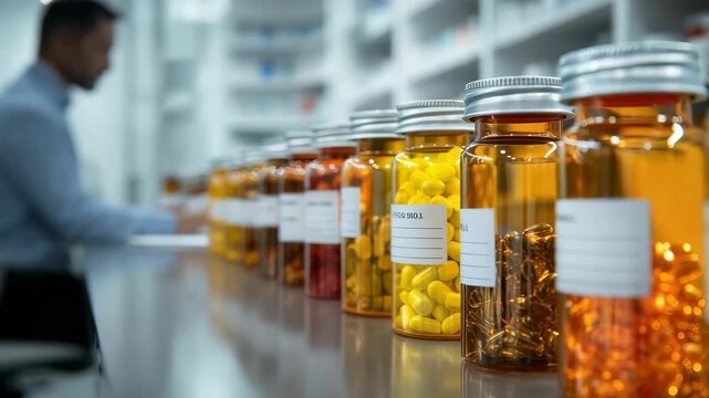 Multiple transparent pill bottles with blank labels are lined up in focus, showcasing different types of medication. The pharmacy setting emphasizes healthcare, precision, and pharmaceutical care