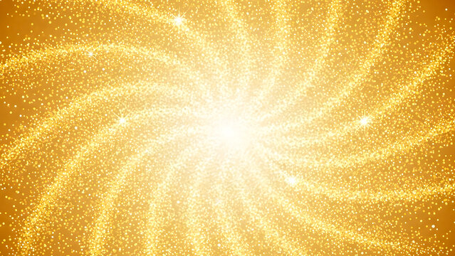 A burst of golden light radiates outward in a spiral pattern, creating a dazzling display of vibrant sparkles and shimmering rays from a central point.