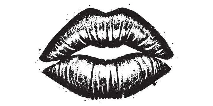 Black grunge lipstick kiss print isolated on transparent background, vector illustration.