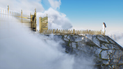 stairway to heaven. A woman stands in front of a paradise, eden gates. Religious concept. 3d rendering. © 3D motion
