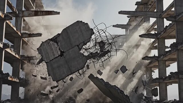 Building Demolition Explosion Debris Falling Through Structure.