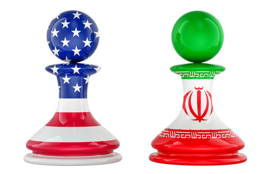 US and Iran chess pawns, geopolitical confrontation concept. 3D rendering