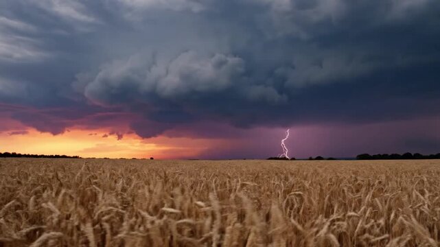 A dramatic stormy sky with lightning over a vast field of golden wheat at dusk from a low viewpoint
