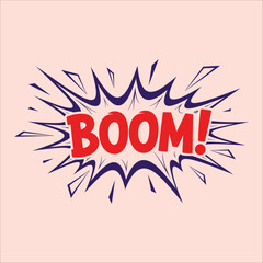 Bold 'BOOM!' text with sharp purple starburst explosion effect on a pale pink background, comic book style