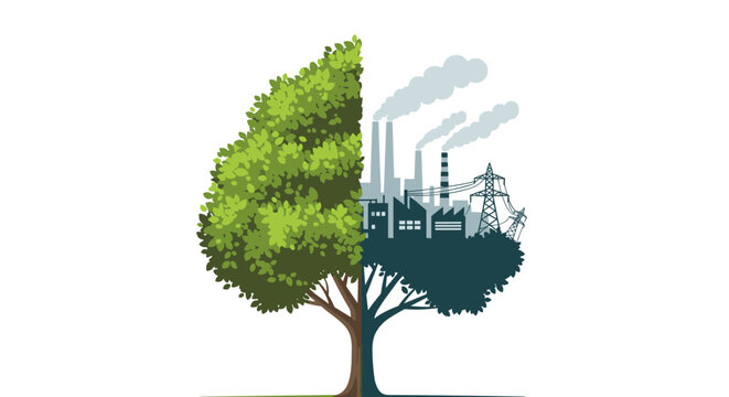 Environmental impact depiction showing a tree transitioning from lush greenery to industrial pollution