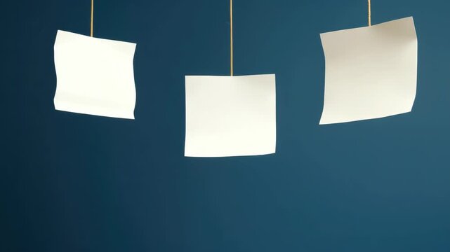 White paper notes with writing, suspended by strings from cords against blue wall backdrop. Inspirational quotes or to-do list, creative or educational theme.