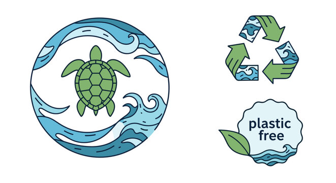 Illustration of a green turtle surrounded by waves, recycling symbols, and plasticfree message
