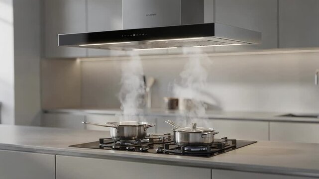Closeup medium shot of a new build kitchen with a smart ventilation hood in focus dynamically regulating airflow according to stove heat and cooking intensity in a sleek setup.