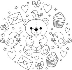 Obraz premium A cute teddy bear surrounded by hearts stars and cupcakes