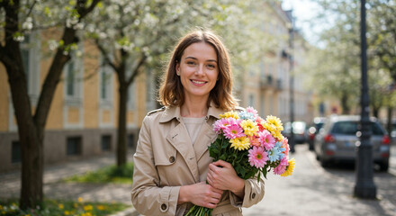 Fototapeta premium Smiling young woman in spring city holding bouquet, International Women’s Day celebration, March 8 lifestyle portrait, urban femininity, happiness and freedom concept