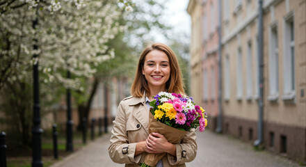 Fototapeta premium Smiling young woman in spring city holding bouquet, International Women’s Day celebration, March 8 lifestyle portrait, urban femininity, happiness and freedom concept