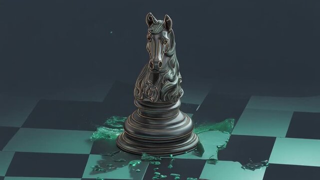 A chess knight, black and gold, is on a chessboard with glowing green elements
