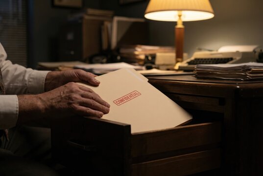A man in a vintage office takes a manila folder stamped "Confidential" from a wooden desk drawer.