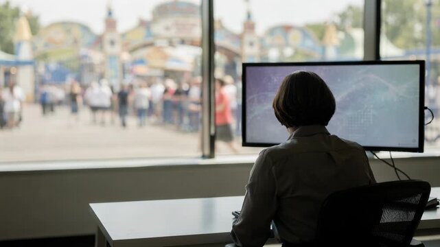 Medium shot of a queue management operator monitoring AI metrics on a computer with a blurred theme park entrance filled with queued guests behind