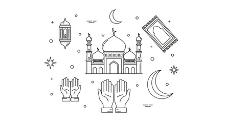 Fototapeta premium Islamic mosque illustration with prayer hands and crescent moon symbols