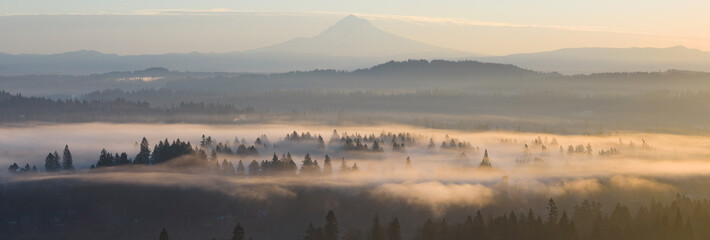 At dawn, the scenic Mount Hood rises from the forested landscape of northern Oregon. This iconic Pacific Northwest mountain is part of the Cascade Mountain Range.
