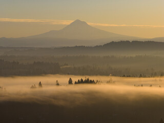 At dawn, the scenic Mount Hood rises from the forested landscape of northern Oregon. This iconic Pacific Northwest mountain is part of the Cascade Mountain Range.