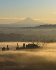 At dawn, the scenic Mount Hood rises from the forested landscape of northern Oregon. This iconic Pacific Northwest mountain is part of the Cascade Mountain Range.