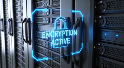 Fototapeta premium Futuristic Data Center Server Rack with Glowing Blue Holographic Padlock and Encryption Active Status Label for Cybersecurity.