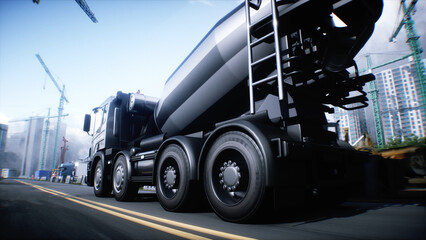 Fototapeta na wymiar Concrete mixer truck on construction. driving. Building and transport concept. 3d rendering.