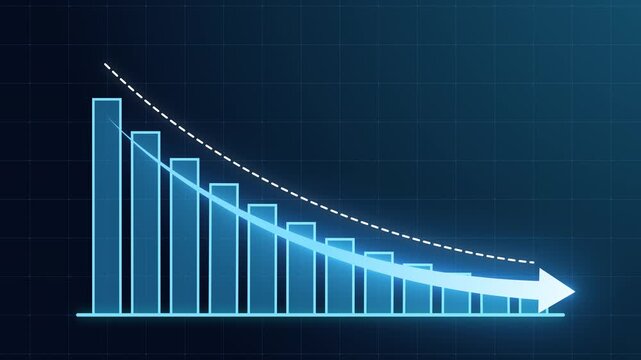 Glowing blue business bar chart animation with smooth downward arrow and dotted trend line. Illustrating steady revenue decline, financial loss, negative growth, and market decrease performance 