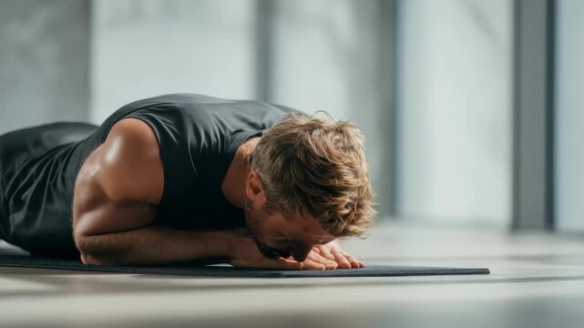 Determined male athlete holds a plank position during a workout session, emphasizing fitness and healthy lifestyle. Sunlit gym interior creates an inspiring training atmosphere