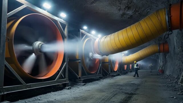 Medium shot of forced ventilation fans in an underground mine highlighting powerful equipment pushing clean air into worker areas.