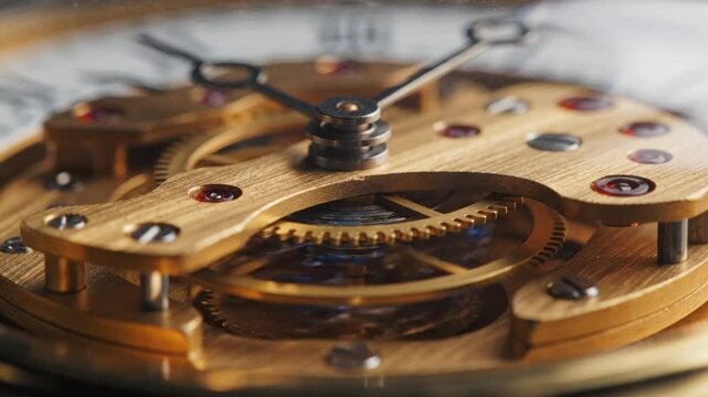 Intricate mechanical watch parts exposed in a close-up view, revealing gears and mechanisms.