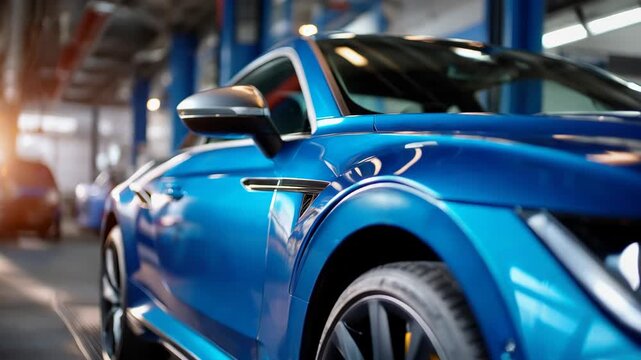 Blue car in garage during maintenance with bright light coming from the background in afternoon