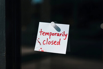 Notice of temporary closure sign on storefront window, conveying business status during an unforeseen circumstance.