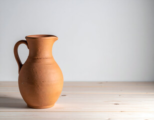 Rustic terracotta pitcher on wooden table, perfect for home decor, kitchenware, or artisanal crafts, enhancing traditional styling in interiors.