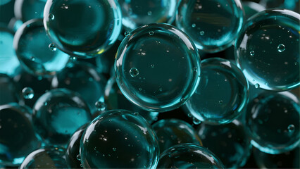 Close-Up View of Transparent Bubbles with Air Bubbles Floating in a Vivid Blue Background for Creative Projects and Commercial Use