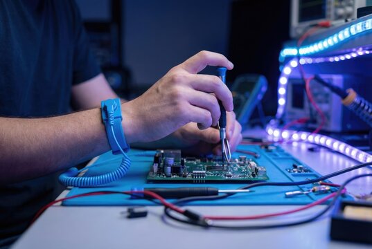 A technician wearing an anti-static wrist strap uses a screwdriver to repair a green circuit board in an electronics lab.