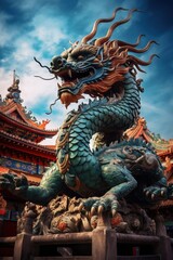 Fototapeta premium vibrant chinese dragon statue at temple, blue sky, concept of tourism, cultural heritage