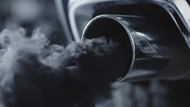 Thick black smoke billows out of a shiny chrome car exhaust pipe. It represents engine problems, pollution, and environmental impact in a dark industrial setting. Useful for automotive content.