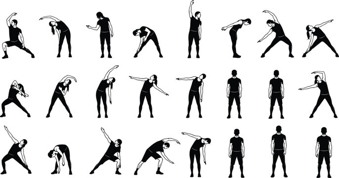 Stretching silhouettes with fitness poses, flexibility exercise artwork, wellness routine design, physical activity theme, healthy lifestyle concept, warm‑up movement symbol, flat vector illustration